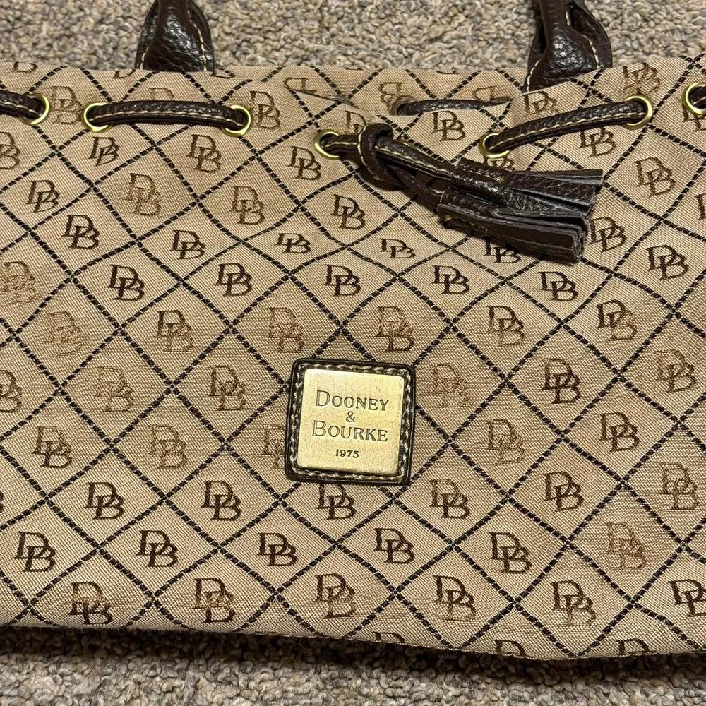 Dooney & Bourke DB Logo Canvas Satchel Bag Brown Leather Drawstring
